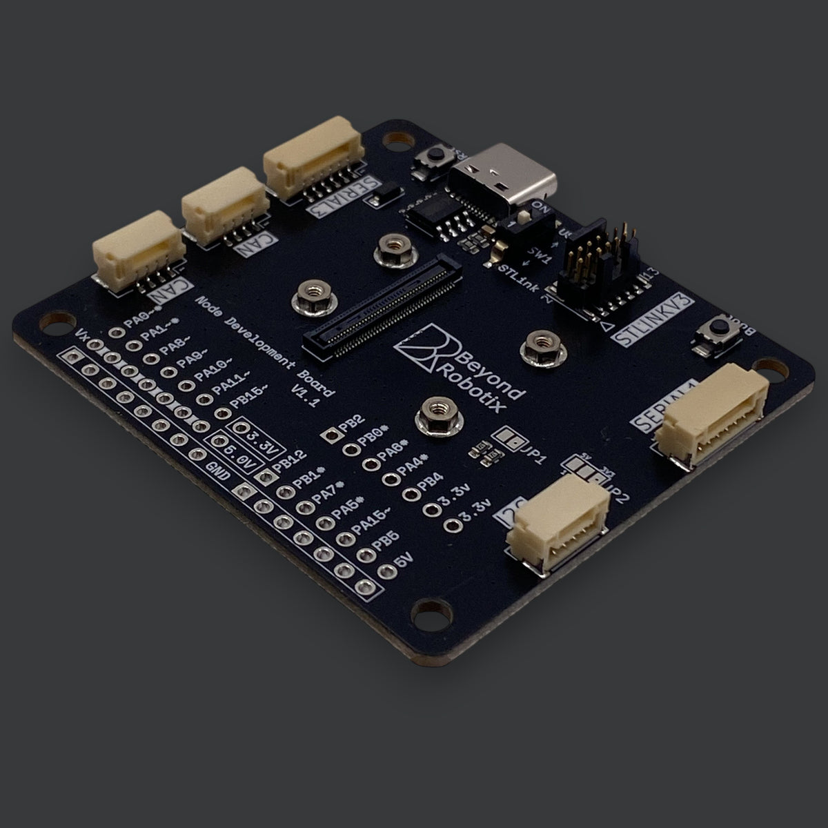 Beyond Robotix Micro CAN Node development board with multiple connectors and ports on a black PCB
