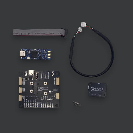 Beyond Robotix Micro CAN Node development set including a black PCB, small blue circuit board, cables, and screws.