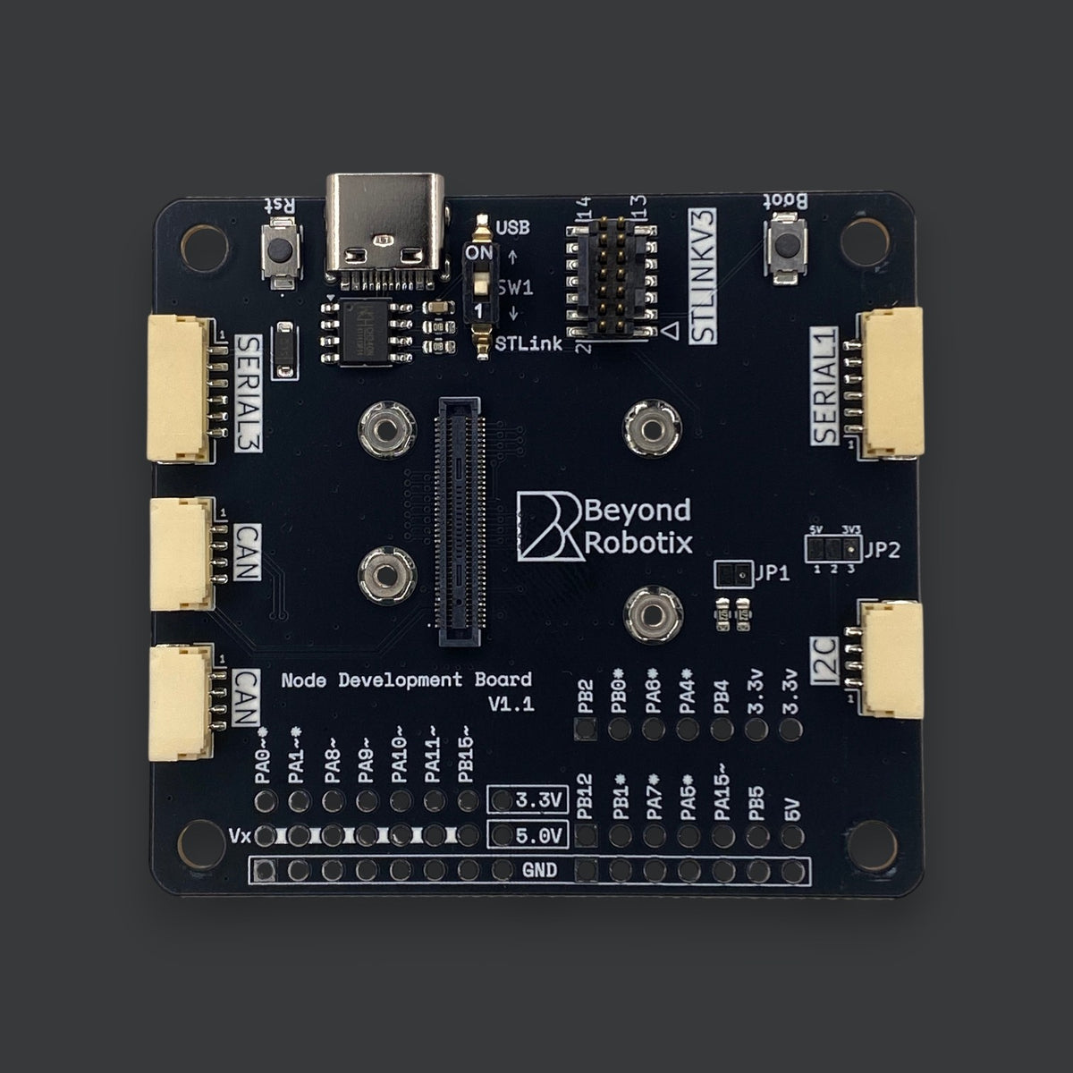 Beyond Robotix Micro CAN Node development board with black PCB, USB-C port, and multiple peripheral connectors.