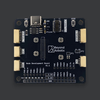 Beyond Robotix Micro CAN Node development board with black PCB, USB-C port, and multiple peripheral connectors.