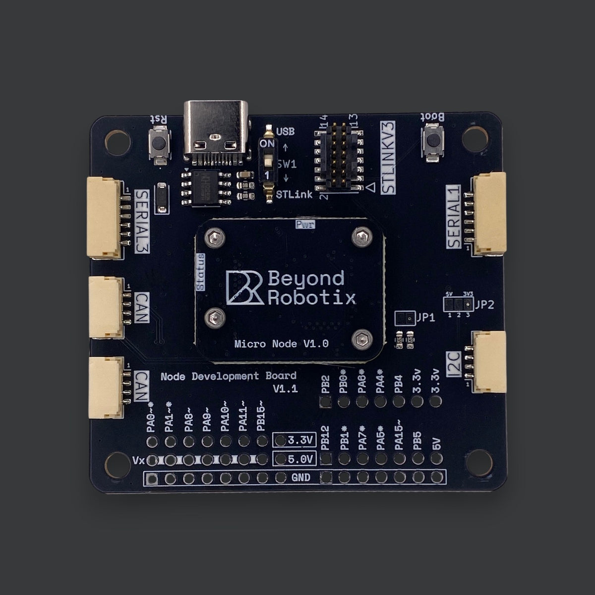 Beyond Robotix Micro CAN Node development board with USB-C port, CAN connectors, and debug headers on a black PCB.