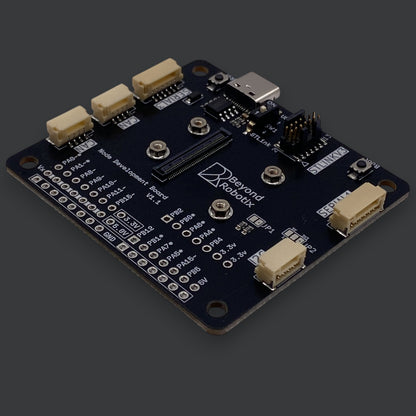 Beyond Robotix Micro CAN Node development board with multiple connectors and ports on a black PCB