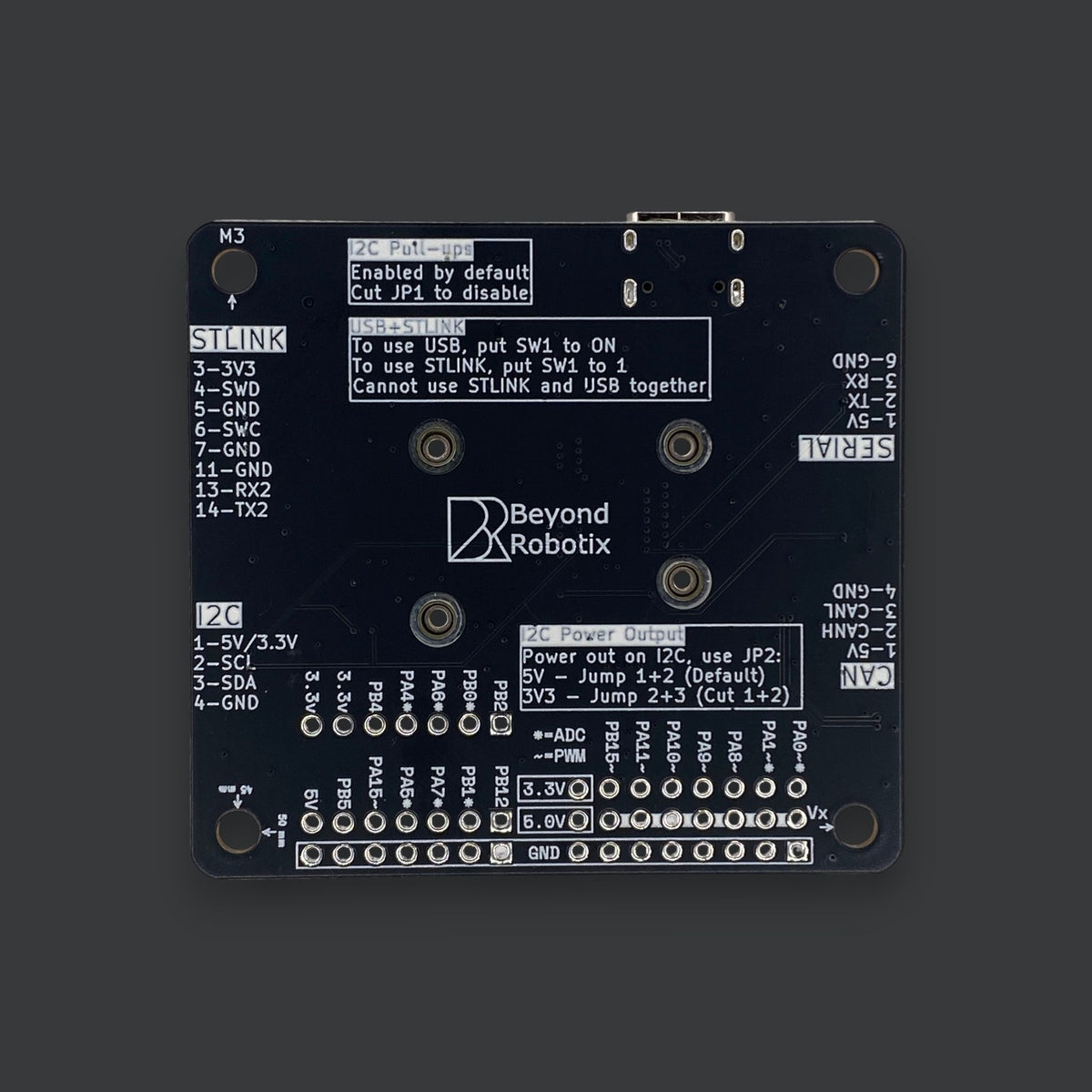Beyond Robotix Micro CAN Node development board with clearly labeled pinouts and ports on a black PCB
