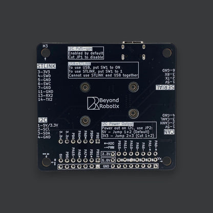 Beyond Robotix Micro CAN Node development board with clearly labeled pinouts and ports on a black PCB