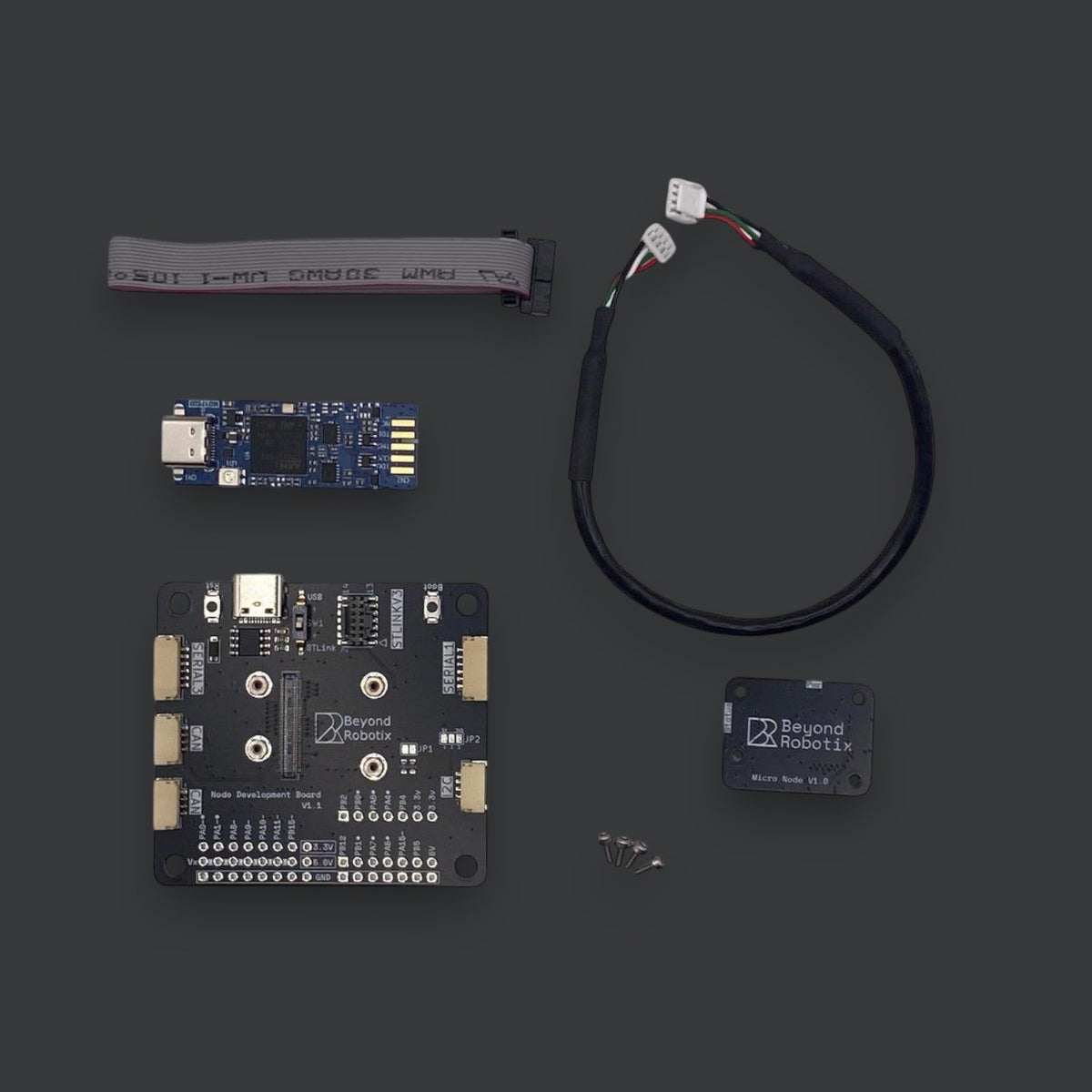 Beyond Robotix Micro CAN Node development set including a black PCB, small blue circuit board, cables, and screws.